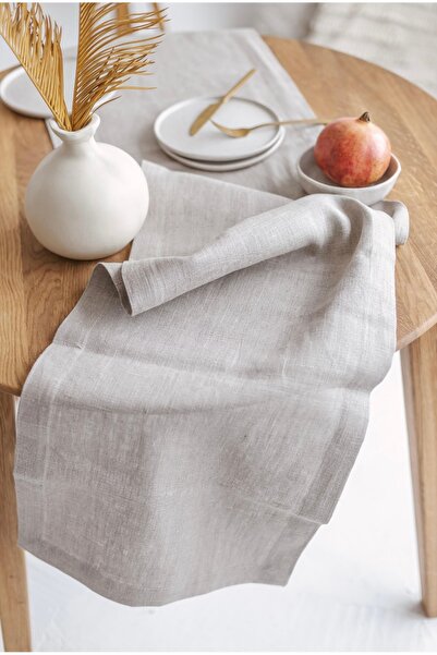 Linen Mood Premium Gri Renk Linen Keten Runner 40 X 150cm