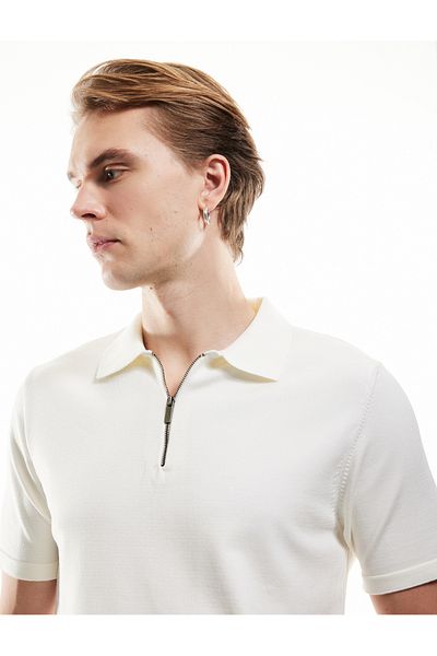 Koton Half Zipper Viscose Blended Basic Short Sleeve Knitwear T-Shirt
