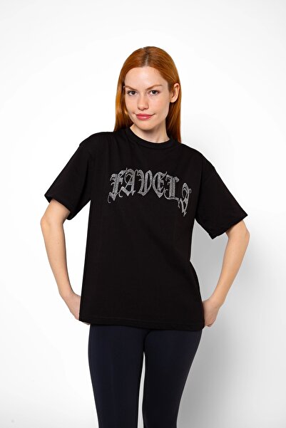 Bak Moda Favela Stone Printed Relaxed Fit Black Women's Tshirt