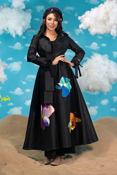 Gereh Style Black Embroidered Special Design - Tied Shirt Collar Silk Top Coat