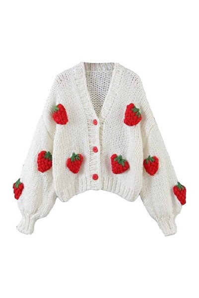 melonstill Women's White Cardigan with Grape Detail