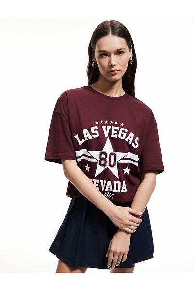 Koton Tricou oversize cu mânecă scurtă din bumbac imprimat colegiu