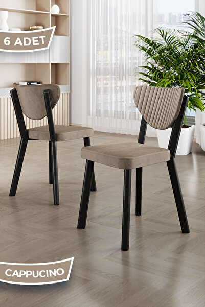 Canisa Arfe Serisi 6 Adet Cappucino Mutfak Sandalyesi Siyah Metal İskeletli 1...