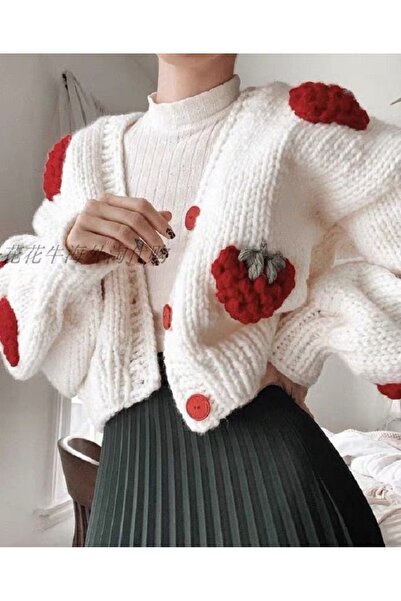 melonstill Women's White Cardigan with Grape Detail