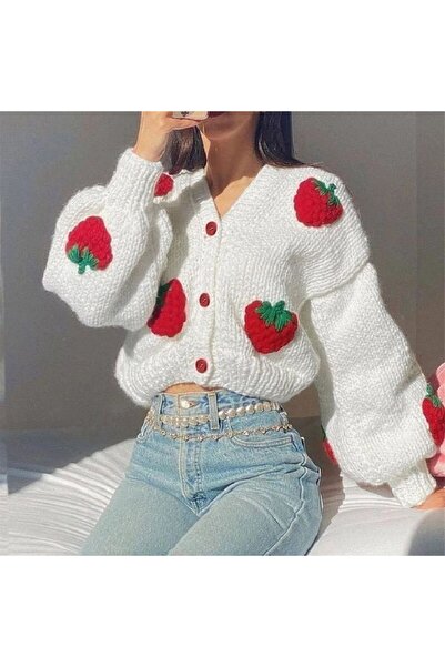 melonstill Women's White Cardigan with Grape Detail