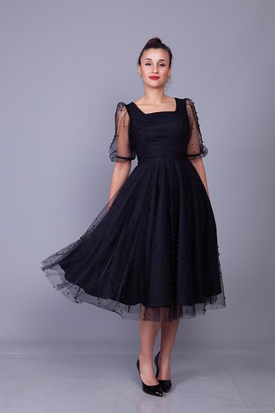 Bidoluelbise Pearl Tulle Covered Square Neck Short Balloon Sleeve Midi Length Evening Dress
