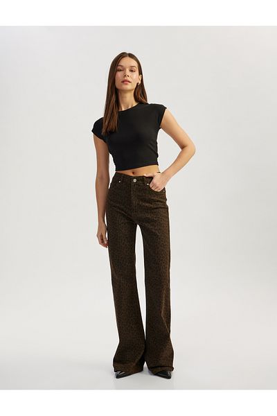 Koton High Waist Cotton Leopard Spanish Leg Pants - Flare Jeans