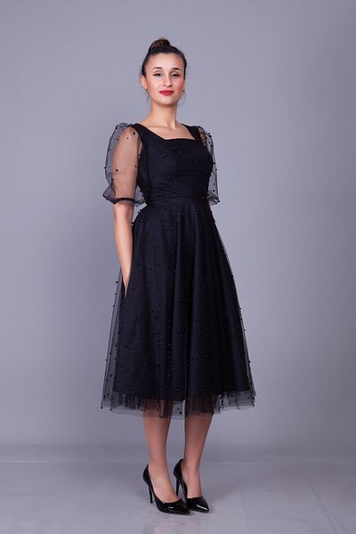 Bidoluelbise Pearl Tulle Covered Square Neck Short Balloon Sleeve Midi Length Evening Dress