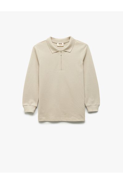 Koton Long Sleeve Half Zip Cotton Basic Polo Neck T-Shirt
