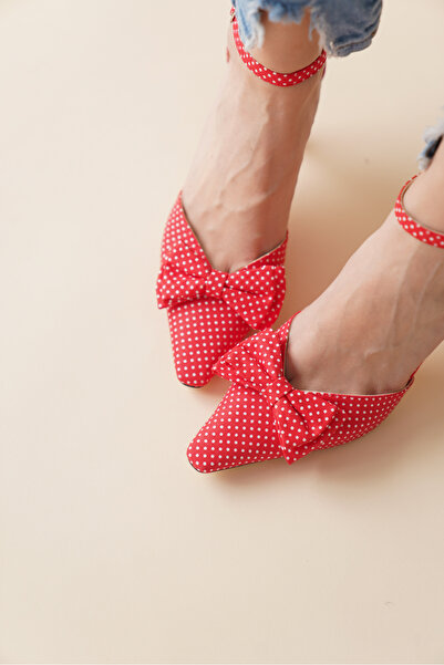 Lizzu Kadın Puantiyeli Papyon Detay Topuklu Ayakkabı Pitirella Kırmızı