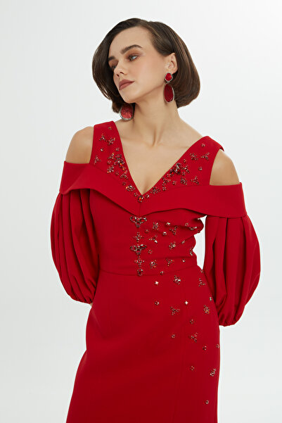GİZİA Omuz Dekolteli Balon Kollu Kırmızı Uzun Elbise