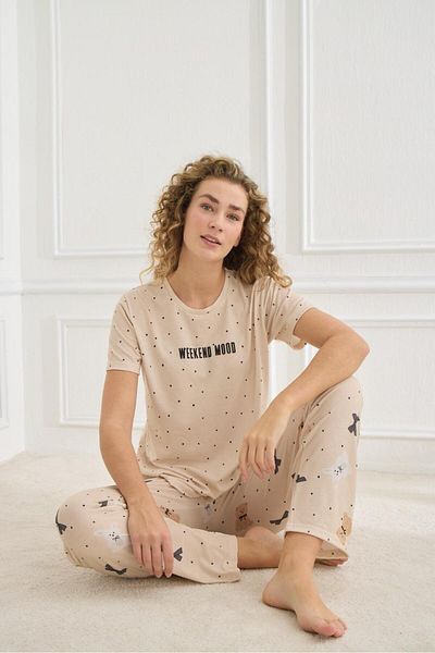 MEBA Μπεζ γυναικείο σετ πιτζάμες - Lycra, απαλή υφή, κοντό μανίκι, χτενισμένο βαμβακερό μονό ζέρσεϊ με γραφή Weekend Mood