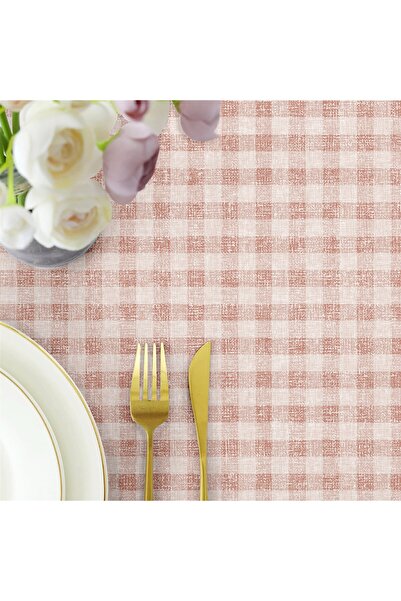 Evim Canvas Ekose  Sıvı Geçirmez Leke Tutmaz Masa Örtüsü Pembe