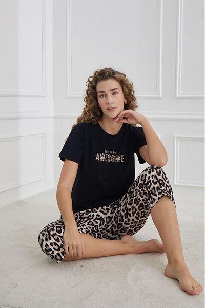 Elit Set de pijamale din bumbac pieptănat, compact, cu mânecă scurtă, cu textura moale, Capri, negru-leopard