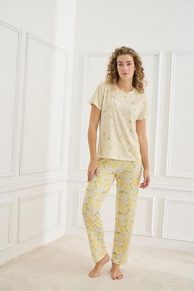 MEBA Women's Lycra Single Jersey Soft Textured Short Sleeve Yellow Hello Summer Written Single Jersey Combed Cotton Pajamas Set