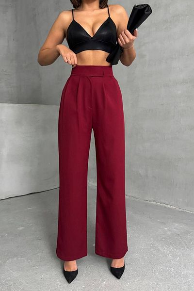 Neşeli Butik Women's Burgundy Waist Velcro Palazzo Fabric Pants Nbg063