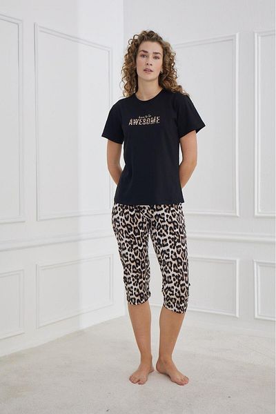 Elit Set de pijamale din bumbac pieptănat, compact, cu mânecă scurtă, cu textura moale, Capri, negru-leopard