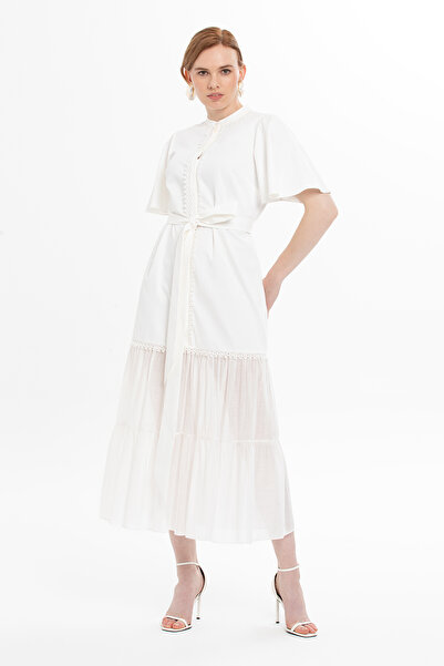 kı.we Dantel Detaylı Kemerli Uzun Ekru Elbise