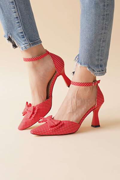 Lizzu Kadın Puantiyeli Papyon Detay Topuklu Ayakkabı Pitirella Kırmızı