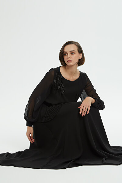 GİZİA Boncuk İşlemeli Uzun Siyah Elbise