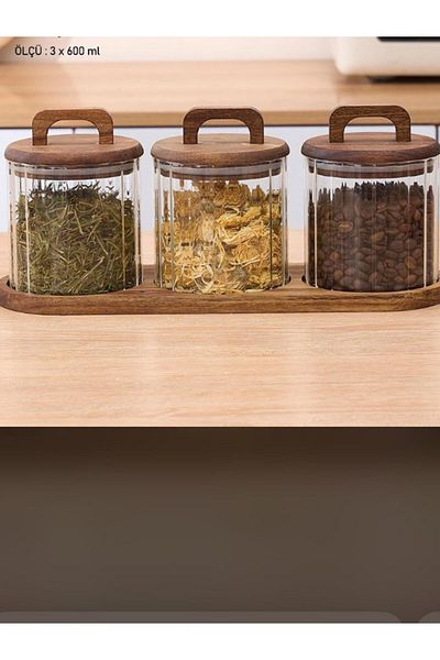 Qerhome 600 ml Set of 3 Borosilicate Glass Acacia - Spice Rack with Stand and Stripes