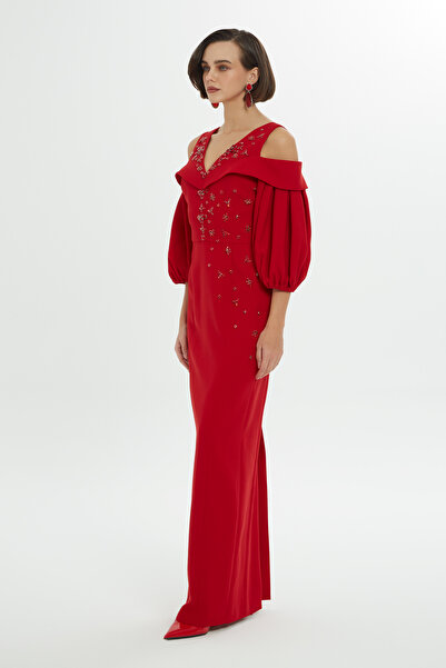 GİZİA Omuz Dekolteli Balon Kollu Kırmızı Uzun Elbise