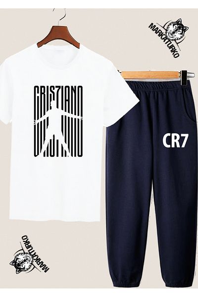 MarkaTurko Ronaldo 2025-800 Special Design Printed White and Navy Summer Tracksuit Combo