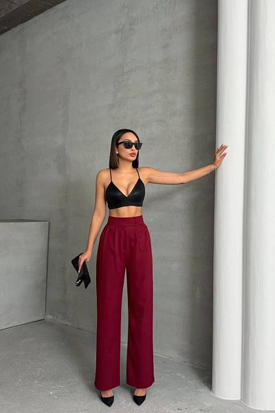 Neşeli Butik Women's Burgundy Waist Velcro Palazzo Fabric Pants Nbg063