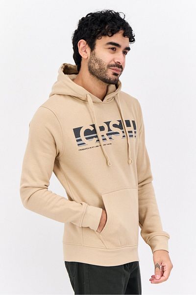 Crosshatch Men Hooded Brand Logo Long Sleeve Sweatshirt, Beige