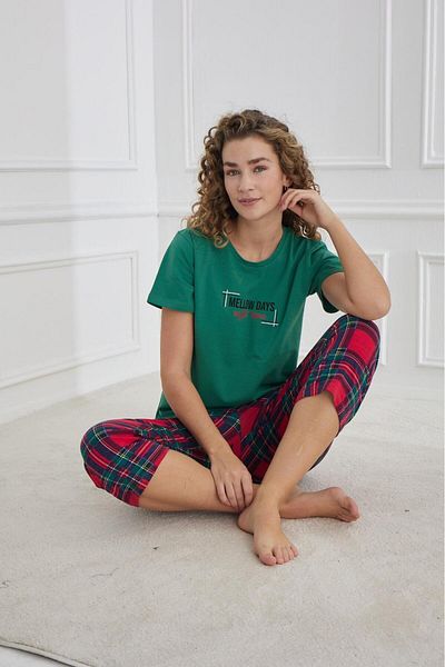 MEBA Women's Compact Combed Cotton Soft Textured Short Sleeve Capri Green Bottom Plaid Combed Cotton Pajamas Set