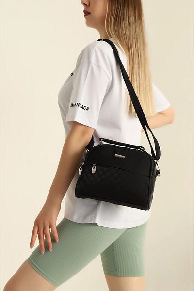 FHD BAGS Geantă de mână și de umăr pentru femei, matlasată din satin negru, cu fermoar