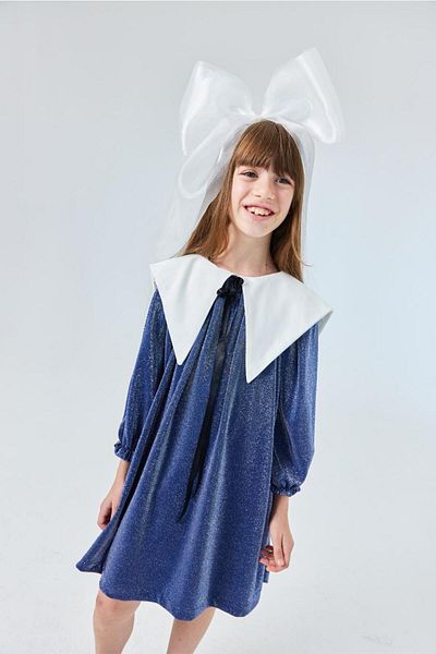 Le Mabelle Navy Blue Long Sleeve Collar Detailed Glitter Girl's Dress - Maya