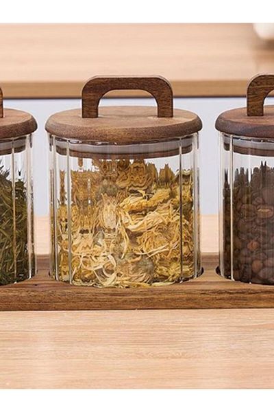 Qerhome 600 ml Set of 3 Borosilicate Glass Acacia - Spice Rack with Stand and Stripes