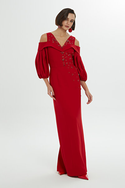 GİZİA Omuz Dekolteli Balon Kollu Kırmızı Uzun Elbise