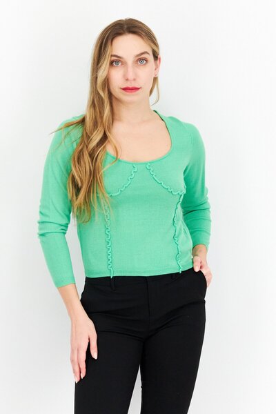 Asos Design بلوزة نسائية محبوكة بأكمام طويلة ورقبة دائرية صغيرة، باللون الأخضر
