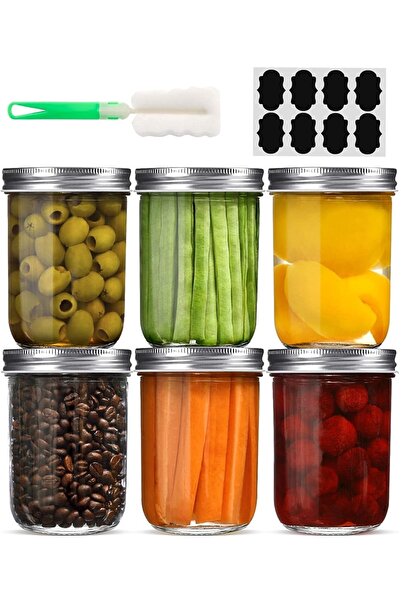 Home Zone [6 Pack] 8oz Wide Mouth Glass Canning Jars With Metal Airtight Lids for Pickling Overnight Oats Jam