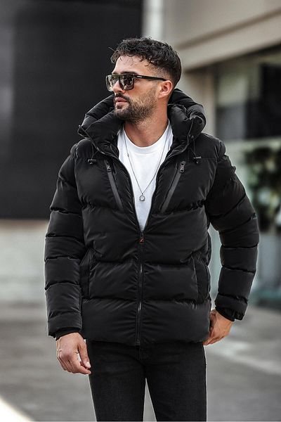 Delpino Pánský Slim Fit Puffer Carbon Leather Coat s kapucí