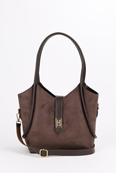 NOTHING Women's Long Strap Shoulder and Crossbody Bag with Suede Bitter Brown Lock Detail Makeup Bag