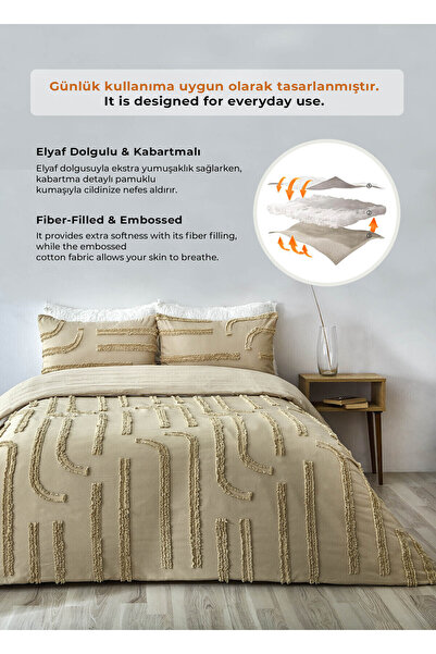 Evlen Home Collection Pamuklu Sasha Kabartmalı Yatak Örtüsü Takımı Tek Kişilik Günlük Boho 2 Parça Elyaf Dolgulu Bej
