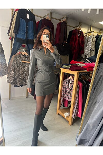 Butik Gömlek yaka fermuar detay elbise