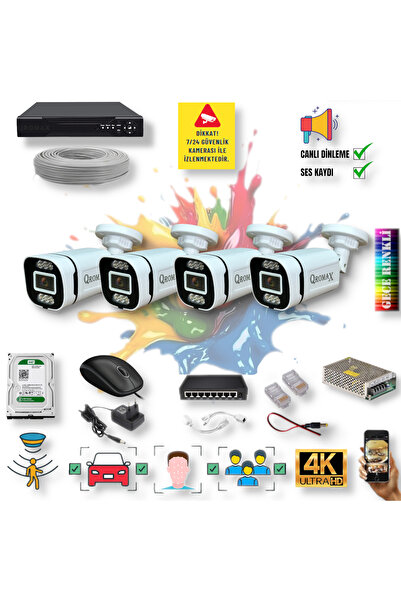 qromax 4 Kameralı Yapay Zekalı Gece Renkli ve Sesli 6 Warm Ledli 4K FULLHD IP Güvenlik Kamerası Seti 4386WS