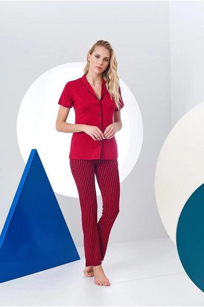 Pjs Pijama Pjs 24156 بدلة بيجامة نسائية مخططة بأزرار