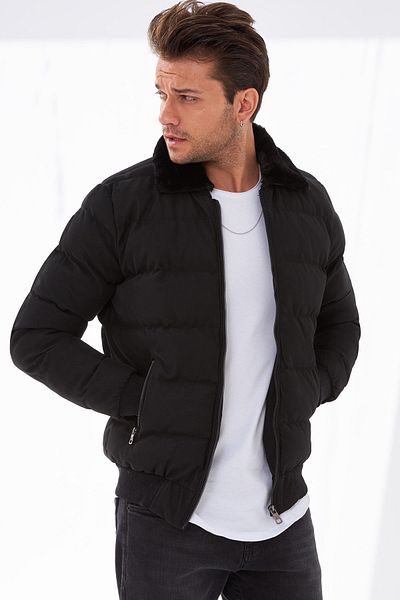 Delpino Ανδρικό δερμάτινο παλτό φουσκωτό Carbon Slim Fit