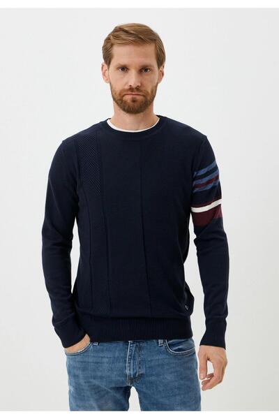 Erkek Triko Lacivert Bisiklet Yaka Desenli Slim Fit Pamuklu Kazak JEANS 3743