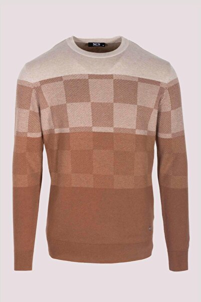 NCS Men's Knitwear Brown Crew Neck Patterned Slim Fit Cotton Sweater Jeans 3730
