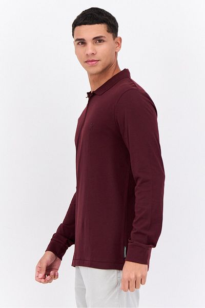 French Connection Men Regular Fit Long Sleeves Brand Logo Polo Shirt, Maroon