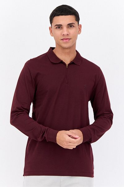 French Connection Men Regular Fit Long Sleeves Brand Logo Polo Shirt, Maroon