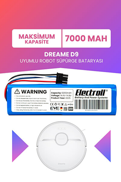 ELECTROLL Dreame D9 Uyumlu Batarya (MAKSİMUM KAPASİTE) 7000mah Pil Robot Süpü...