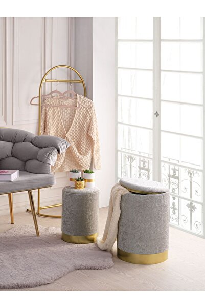 Eponj Home Comfort 2li Puf Yuvarlak Sandıklı Gri