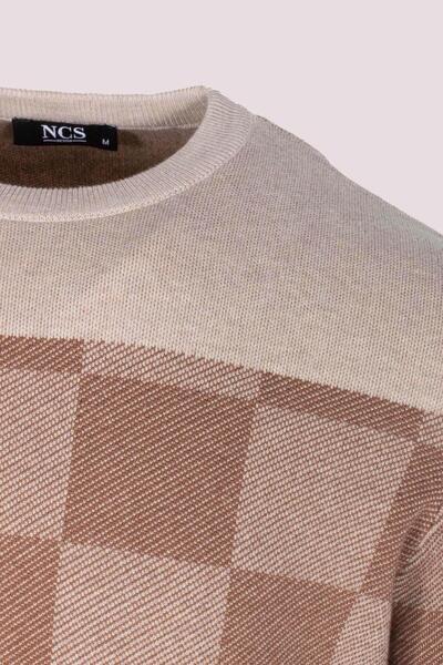NCS Men's Knitwear Brown Crew Neck Patterned Slim Fit Cotton Sweater Jeans 3730